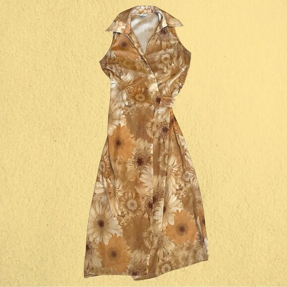 90s vintage collared wrap maxi sheer chiffon sunflower print dress - Picture 6 of 11
